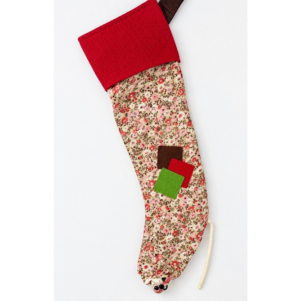 VTG 1971 Annalee Mobilitee Doll Christmas Stocking Floral Mouse Calico USA 22"